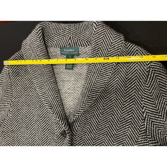 ~ Lauren Ralph Lauren Blazer Jacket Wool Black White Tweed Chevron Button Pocket - Picture 15 of 16